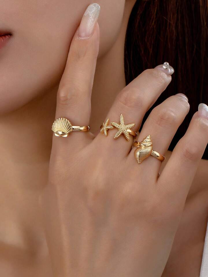 3pcs Fashionable Beach Vacation Metal Starfish, Shell, Seashell Rings Set For Women | SHEIN