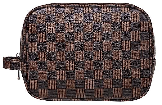 Rita Messi Luxury Checkered Make Up Bag Leather Cosmetic Toiletry Travel Bag (01 Victoria) | Amazon (US)