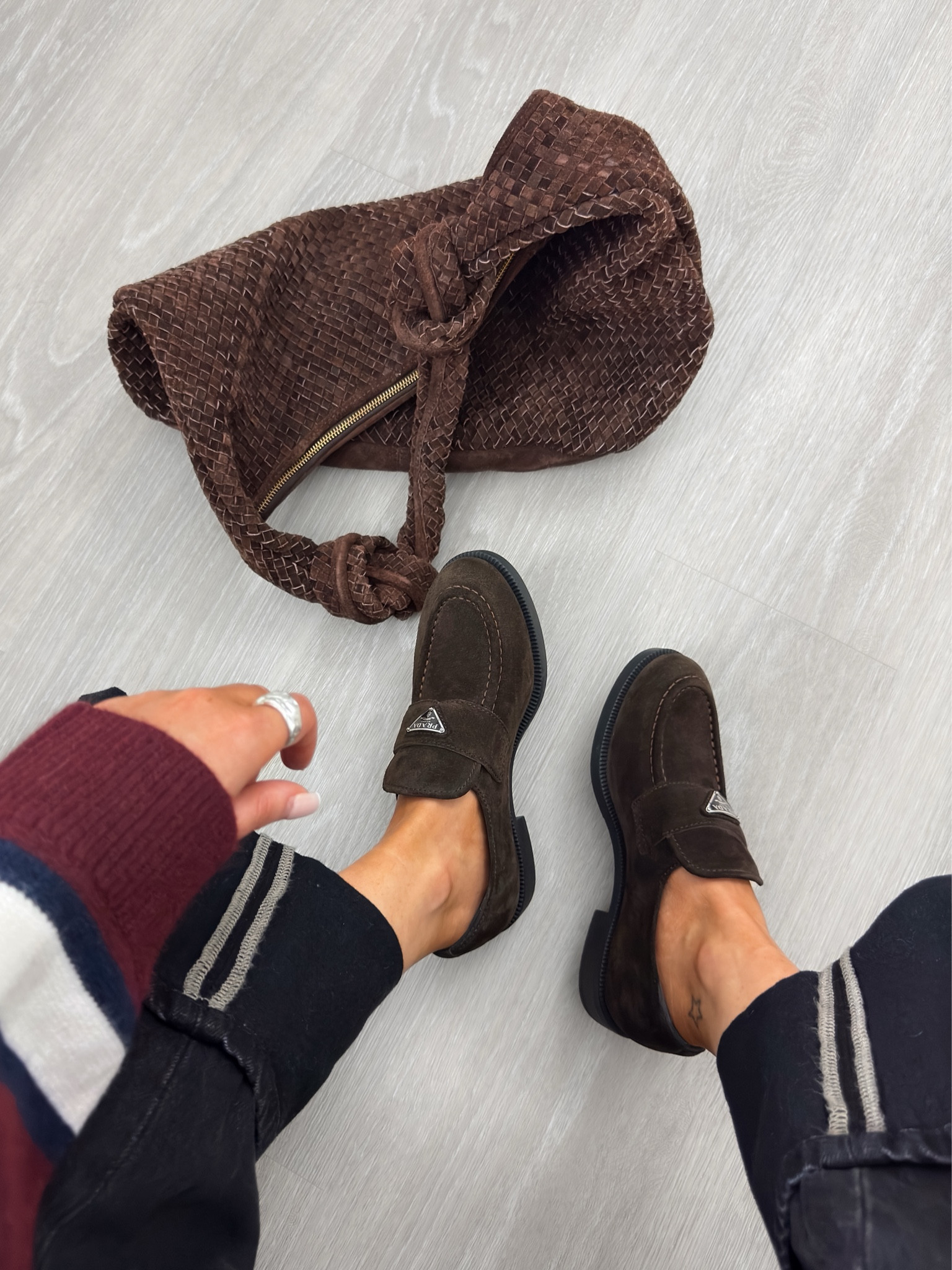 Autumn outfit: PRADA brown suede loafers / brown suede bag / wide leg jeans / polo knit jumper 

#LTKshoes #LTKautumn #LTKbag