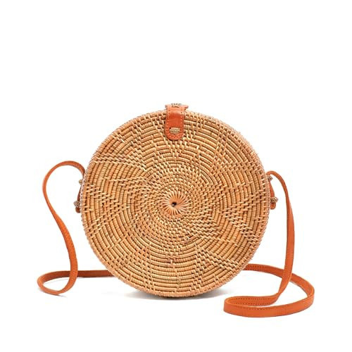 Novum Crafts Round Rattan Bag for Women - Handmade Ata Wicker Woven Purse - Circle, Square, Oval Brown Straw Boho Bags | Amazon (US)