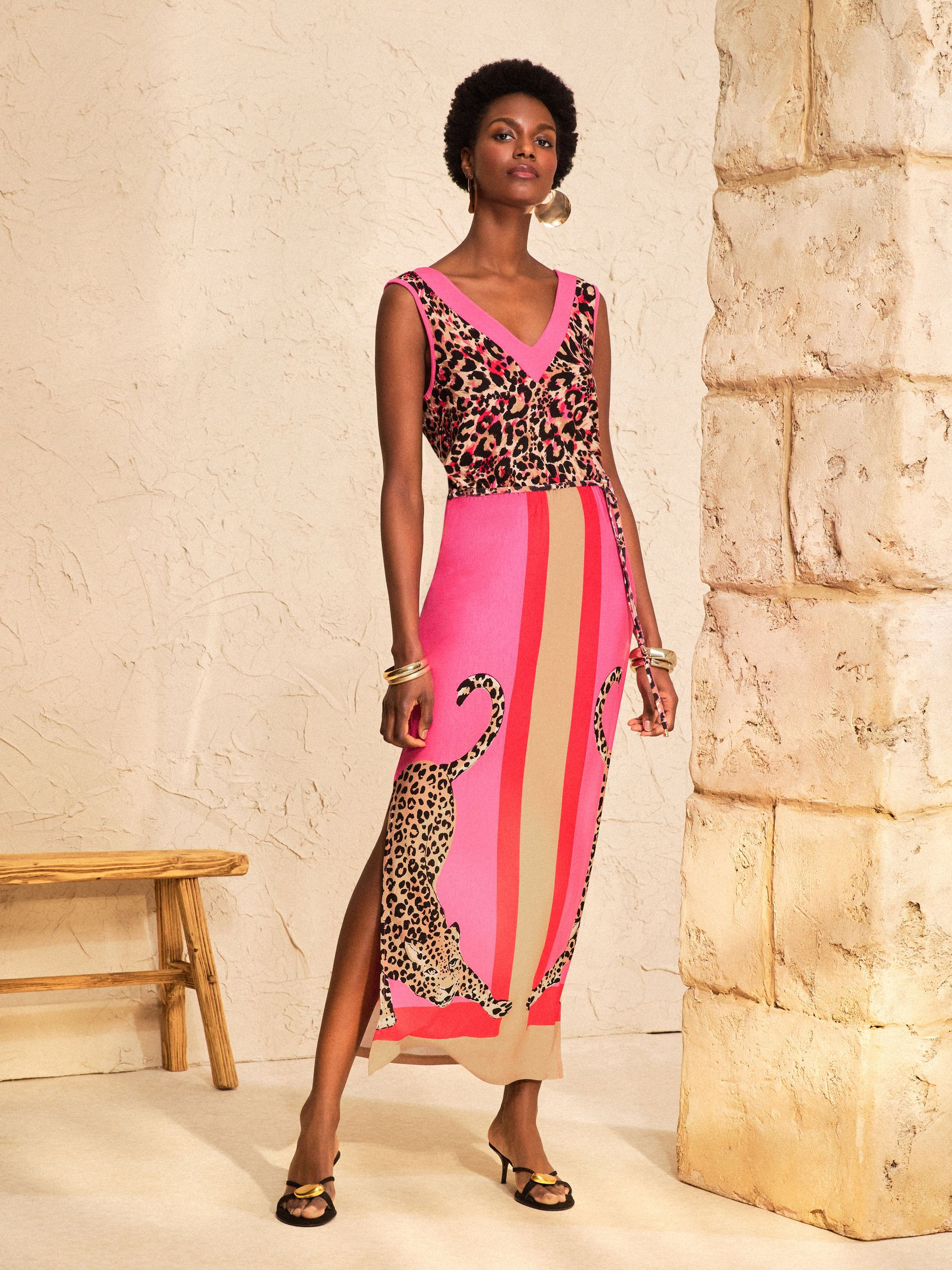 Love & Roses Pink Placement Stripe Animal Print V-Neck Jersey Midi Dress | Next US