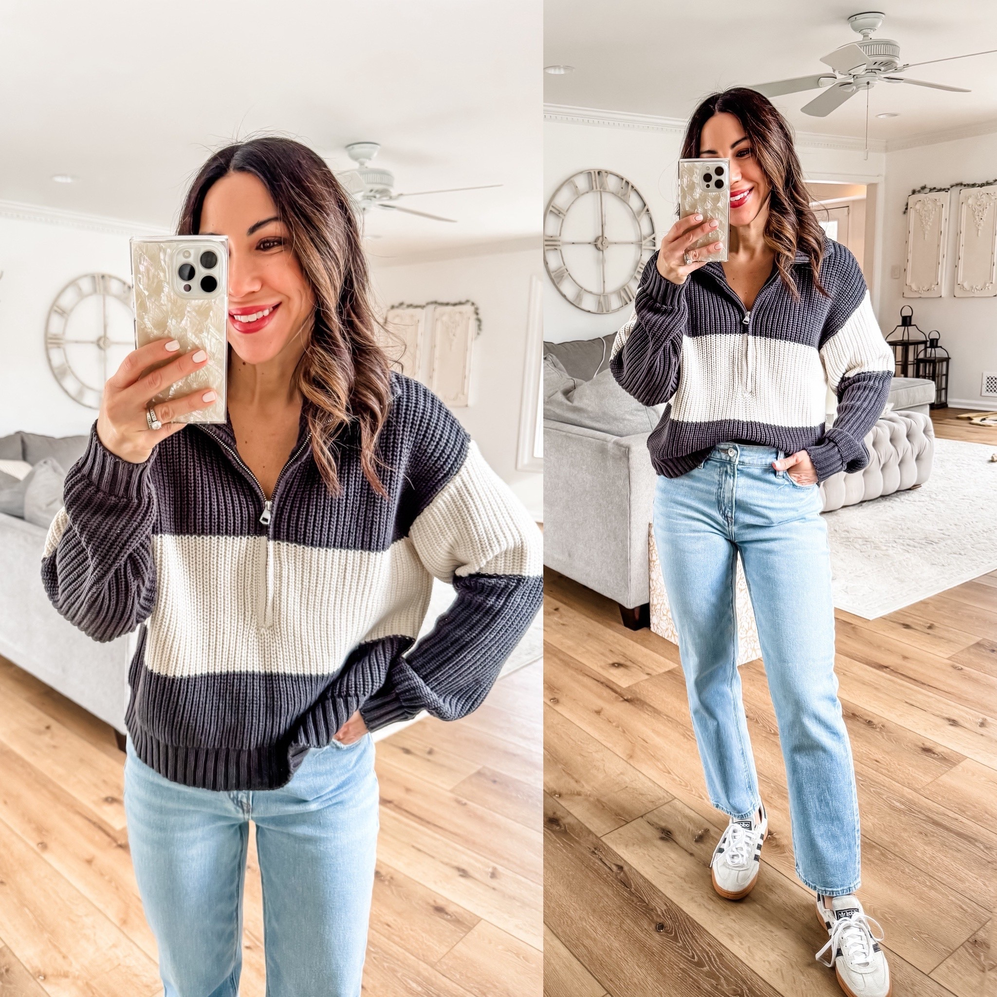 
Small striped sweater, 
straight leg jeans 0 X-short



#LTKSaleAlert #LTKFindsUnder50 #LTKOver40