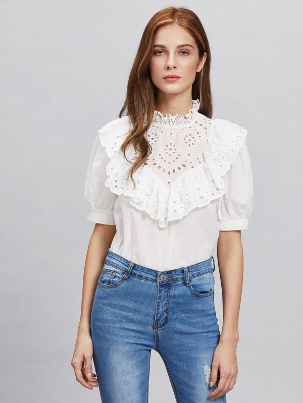 Eyelet Embroidered Frill Trim Puff Sleeve Blouse | SHEIN