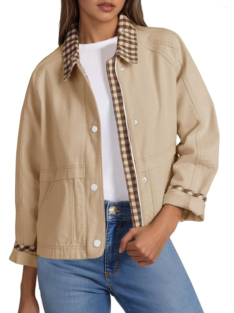 Tankaneo Womens Cropped Jacket Lightweight Casual Zip Up Barn Jackets Fall Contrast Plaid Outerwe... | Amazon (US)