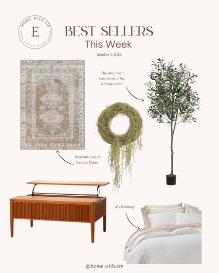 Here are the best selling furniture & decor items from all my posts this week! This washable neutral area rug that is a Lulu & georgia dupe. This faux olive tree, this spooky Halloween wreath, this coffee table with pop up storage and this white bedding, white duvet.

#LTKstyletip #LTKhome #LTKHalloween