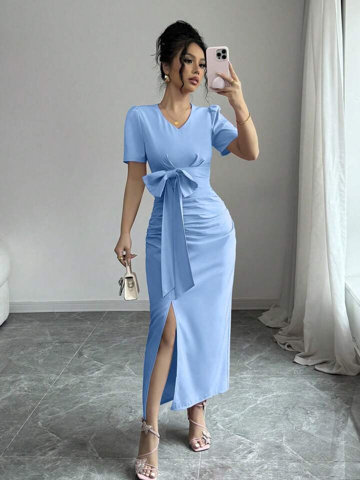 Elenzga Pink V-Neck Ruched Bow Decor Slit Puff Sleeve Romantic Valentine's Day Dress For Women, Suitable For Summer | SHEIN