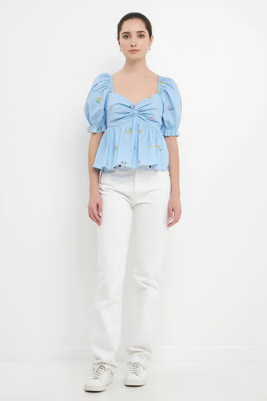English Factory Multi Floral Embroidery Top - Blue - M | Verishop
