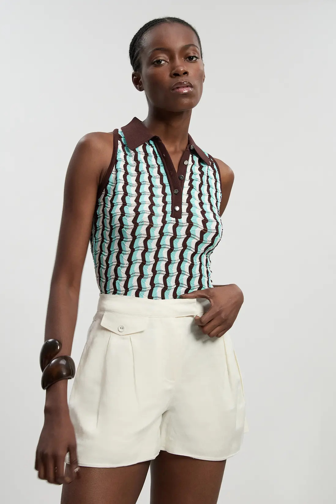 Knit Contrast Collar Pointelle Sleeveless Midi Top | Karen Millen