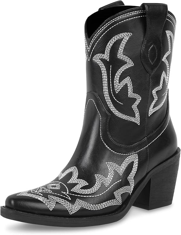 WETKISS Embroidered Cowboy Short Ankle Boots for Women Chunky Heel Cowgirl Boots Slip on Mid Calf... | Amazon (US)