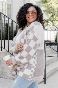 Cozy Days Taupe Multi Checkered Cardigan | Pink Lily