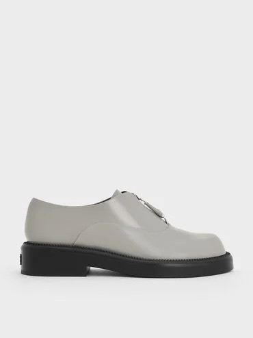 Grey Nina Leather Zip-Up Loafers | CHARLES & KEITH | Charles & Keith US