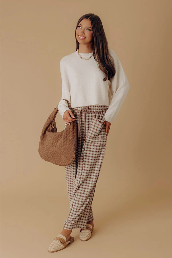 The Callie High Waist Checkered Barrel Leg Pants in Mocha | Impressions Online Boutique