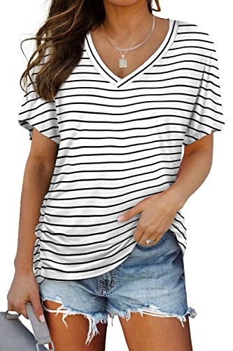 WIHOLL Tshirts Shirts for Women Short Sleeve Summer Tops V Neck Loose Fit Basic Tees Spring Fashion Black and White Striped M | Amazon (US)