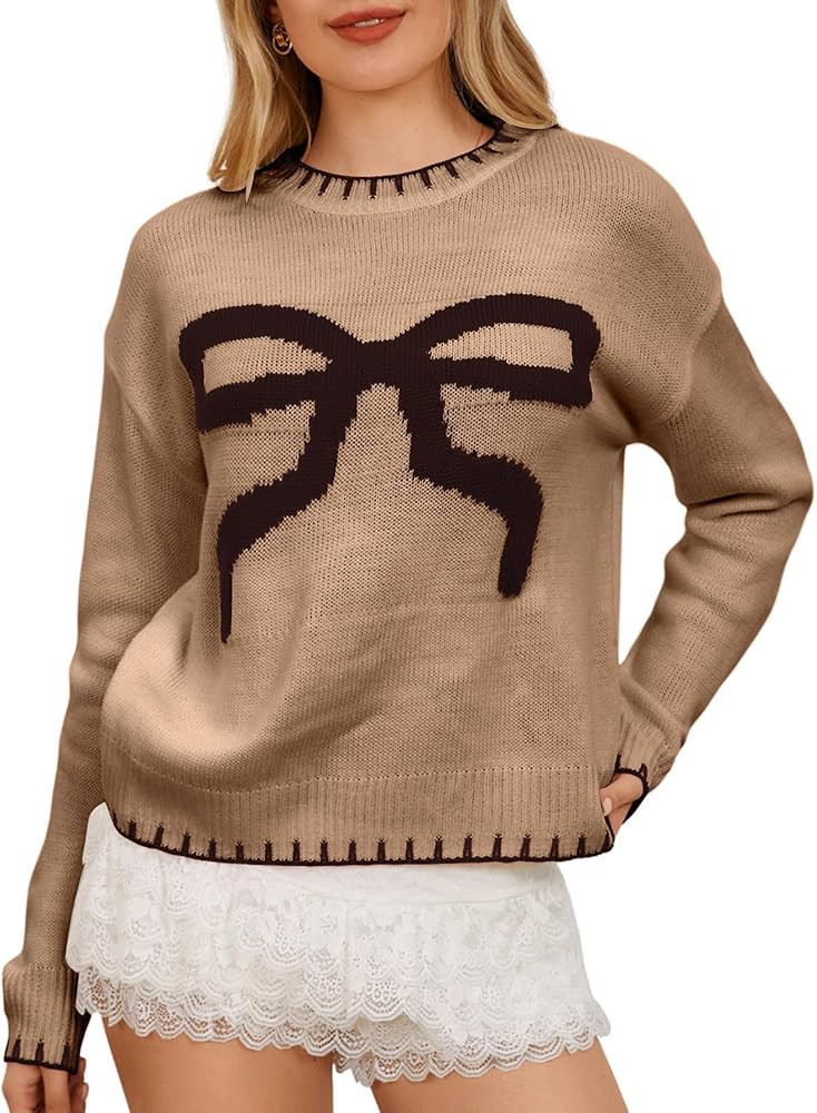 MakeMeChic Women's Bow Knot Sweater Contrast Binding Long Sleeve Round Neck Pullover Knit Tops Wh... | Amazon (US)