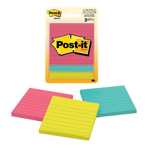 Post-it 3pk 3" x 3" Lined Super Sticky Notes 50 Sheets/Pad - Cape Town Collection | Target