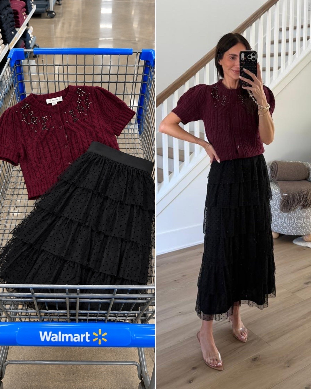 The cutest Walmart holiday outfit! ❤️ This burgundy embellished cardigan paired with a black tiered maxi skirt is perfect for Thanksgiving gatherings, holiday parties, and festive dinners!

I'm wearing size XS in both.

Walmart holiday outfit, Thanksgiving outfit ideas, burgundy knit cardigan, black maxi skirt, holiday party outfit, festive fall fashion, embellished cable knit, Thanksgiving dinner outfit, tiered tulle skirt, affordable holiday fashion