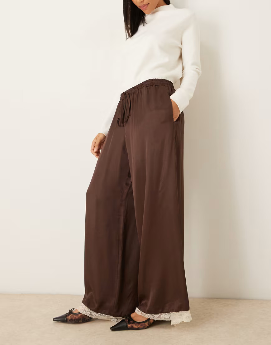 ASOS DESIGN satin wide leg pants with lace trim in chocolate-Brown | ASOS (Global)