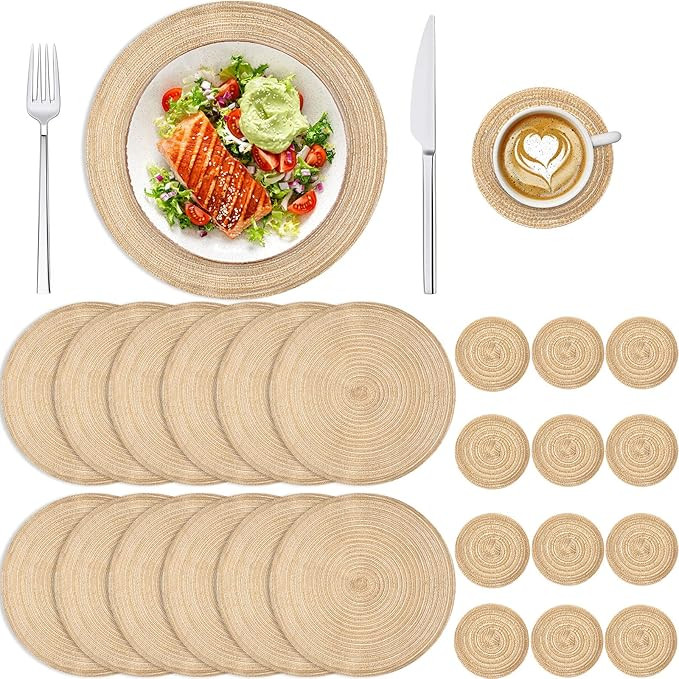 Thenshop 24 Pcs Woven Round Placemats and Rattan Coasters Set 12 Pcs 15 Inch Dining Table Mats 12... | Amazon (US)