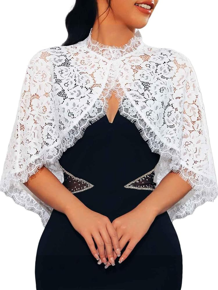 JAKAWIN Lace Shawl Wraps White Wedding Cape for Women Dressy | Amazon (US)
