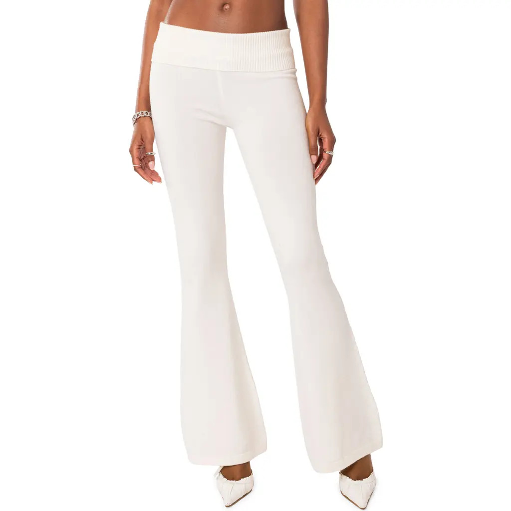 EDIKTED Desiree Foldover Waist Knit Flare Pants in White at Nordstrom, Size Small | Nordstrom