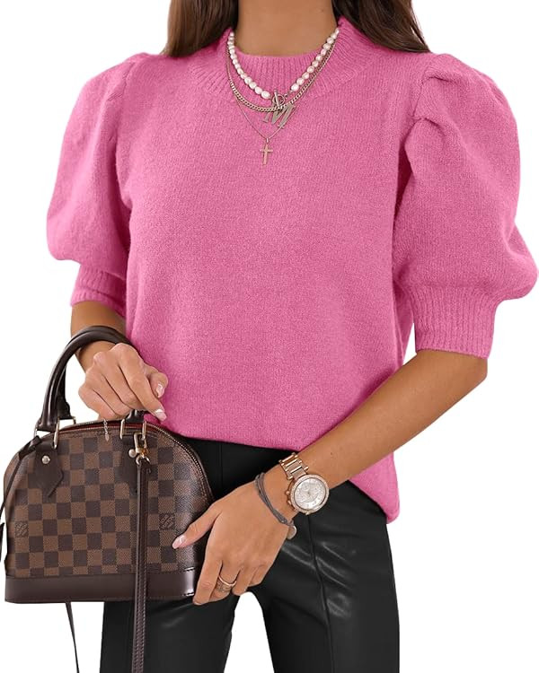 Women's Puff Short Sleeve Sweater Tops 2025 Spring Summer Trendy Crew Neck Casual T Shirts Blouse... | Amazon (US)