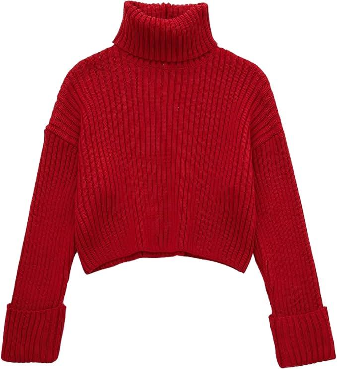 Red Turtleneck Cropped Sweater Women Long Sleeve Knit Top Fall Winter Sweaters Tops High Neck Pul... | Amazon (US)