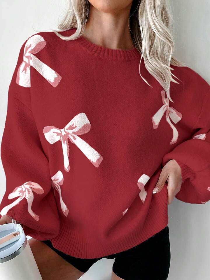 Women's Casual Bow Tie Pattern Round Neck Drop Shoulder Long Sleeve Sweater, Anchor Red, Autumn/W... | SHEIN