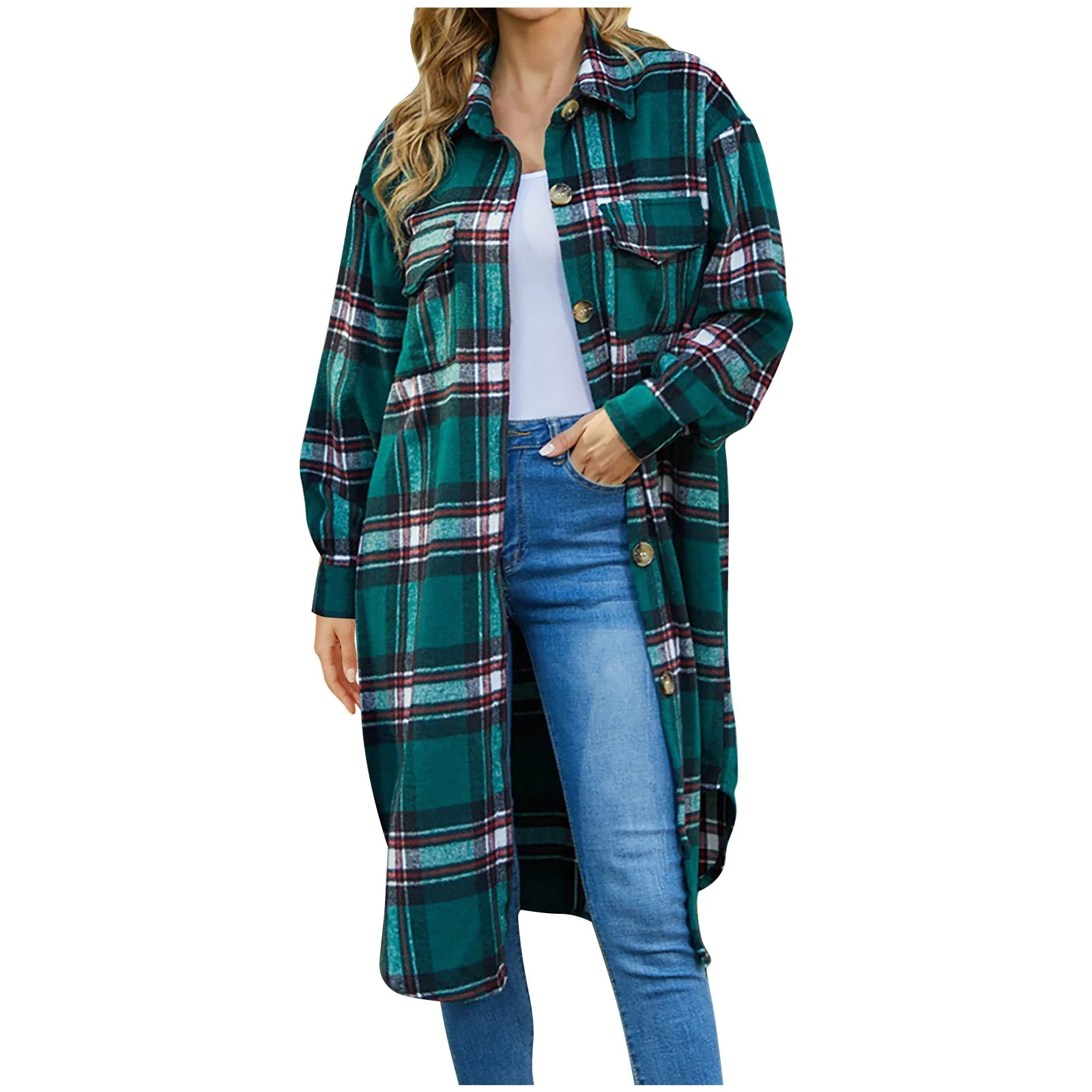 FNFHFY Womens Plus Size Shacket Jacket Casual Lapel Button Down Checkered Coats Long Buffalo Plai... | Walmart (US)