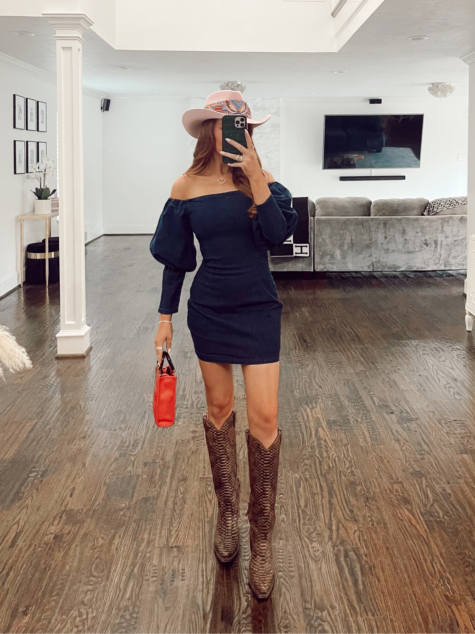 Country outfit ideas. Denim dress. Jean dress. Puff sleeve dress. Country concert. Gameday outfit idea. Gameday outfit. Game day outfit. Denim dresses. Snakeskin cowboy boots. Snakeskin boots. Cowboy boots. Pink cowboy hat. Cowboy hat  

#LTKstyletip #LTKshoecrush #LTKunder100