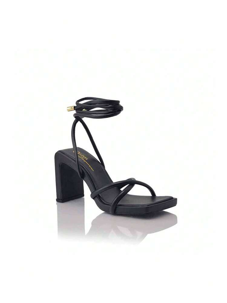 Women Cross Strap Strappy Sandals, Artificial Leather Stiletto Heeled Fashion Sandals Black | SHEIN