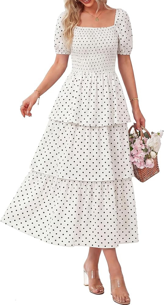 BTFBM Womens Square Neck Smocked Dress Summer Puff Short Sleeve Floral Casual Ruffle Tiered Maxi ... | Amazon (US)