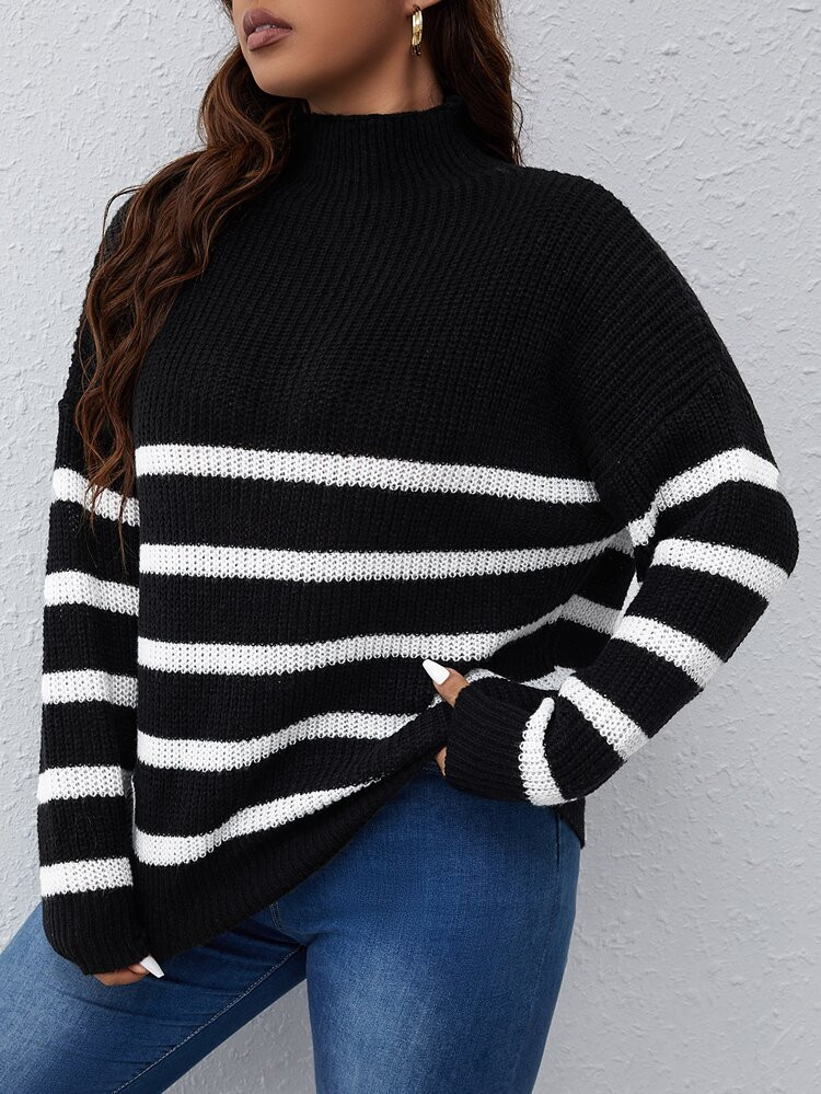 Plus Striped Pattern Drop Shoulder Sweater | SHEIN