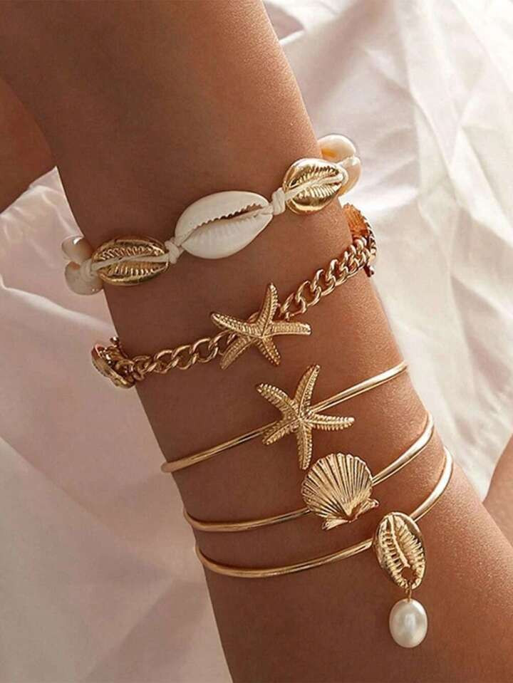 5pcs Fashion Starfish Bracelet Set, Boho Summer Beaded Sea Shell Pendant Braided Chain Bracelet For Women, Daily Beach Vacation Street Photography Ocean Style | SHEIN
