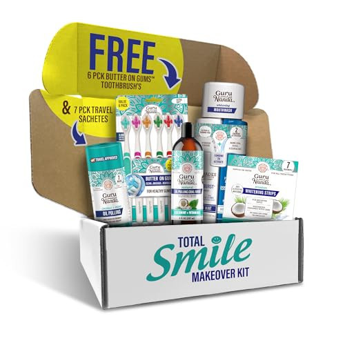 GuruNanda Total Smile Makeover Kit Regular with Cocomint Oil Pulling, Dual Barrel Whitening Mouthwash, Whitening Strips & Butter on Gums Toothbrushes | Amazon (US)