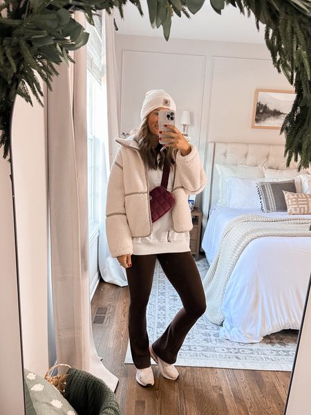 Cozy winter outfit idea. Wearing flare leggings that come in length options, an oversized tunic length half zip and the BEST Sherpa jacket! 

Zip up tts small
Jacket tts small
Pants tts small/long
Shoes size up a half 

#LTKfindsunder100 #LTKstyletip #LTKSeasonal