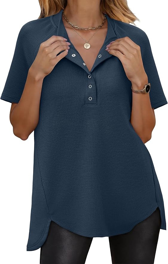 ANRABESS Womens Waffle Knit Tops Summer Short Sleeve Henley Shirts Dressy Casual Blouse 2026 Spri... | Amazon (US)
