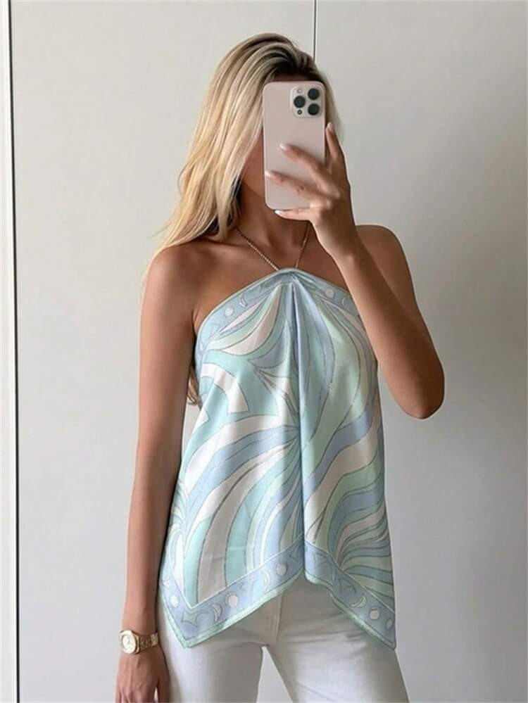 Aloruh Damen elegantes Batik-Chiffon bedrucktes Neckholder Strandshirt f\u00fcr den Urlaub | SHEIN