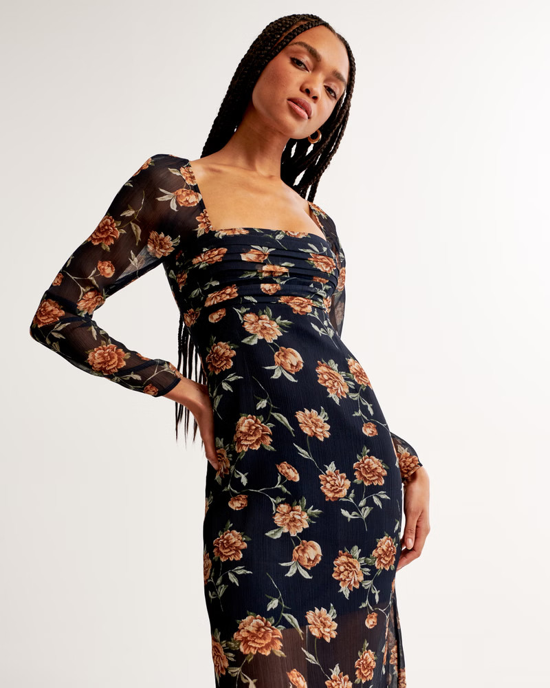 Emerson Chiffon Long-Sleeve Midi Dress | Abercrombie & Fitch (US)