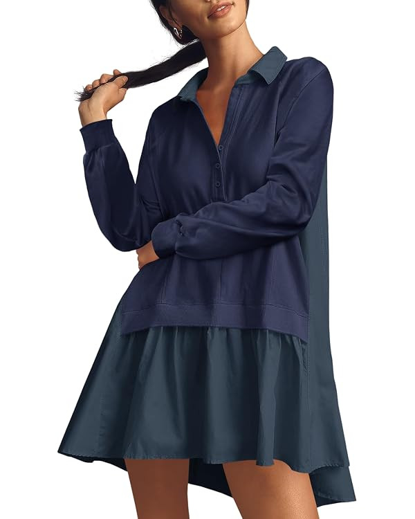 Fisoew Womens Oversized Sweatshirt Dress Long Sleeve V Neck Patchwork Casual Pullover Tops Loose ... | Amazon (US)