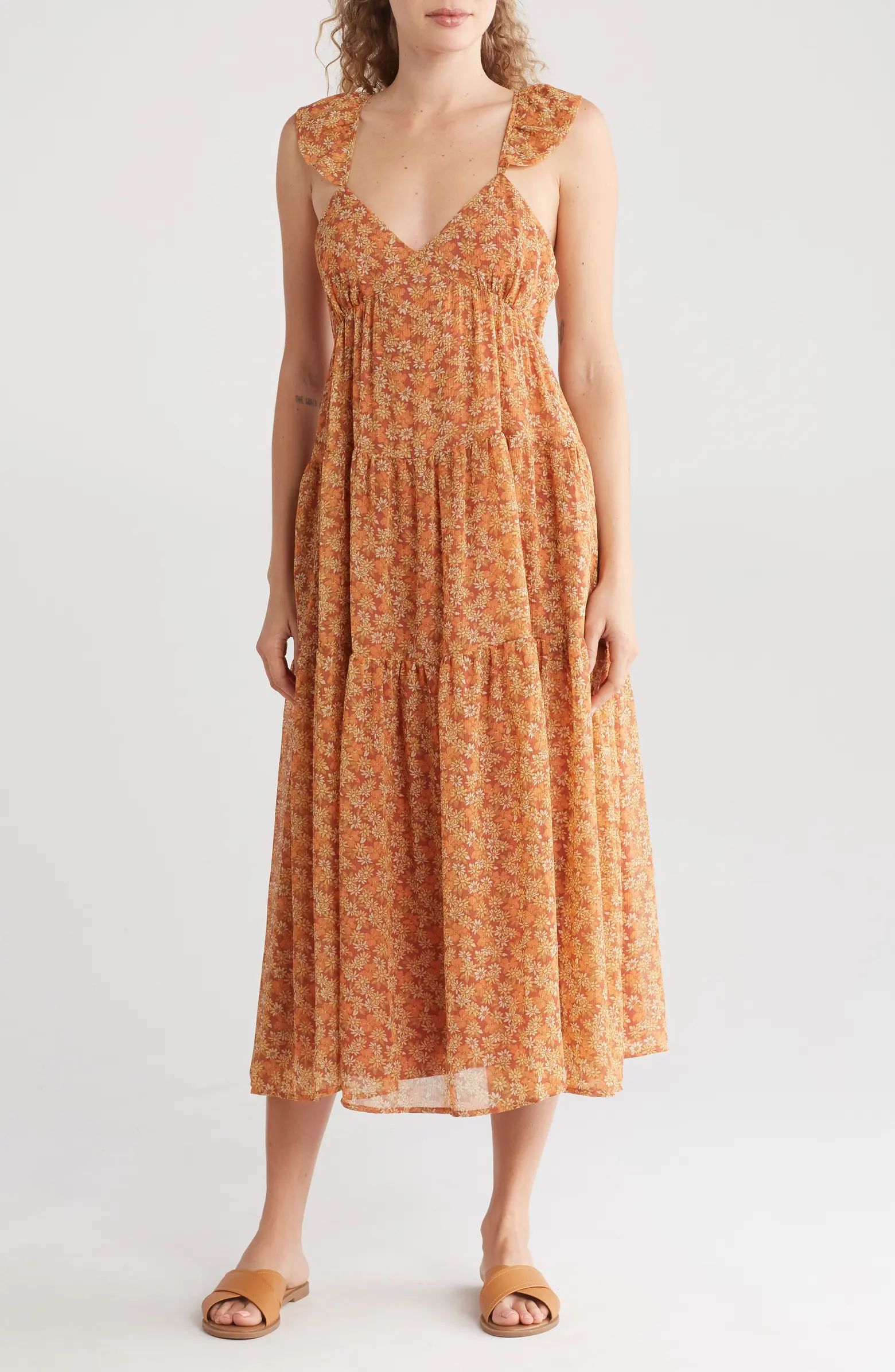 Floral Georgette Ruffle Sleeve Tiered Midi Dress | Nordstrom Rack