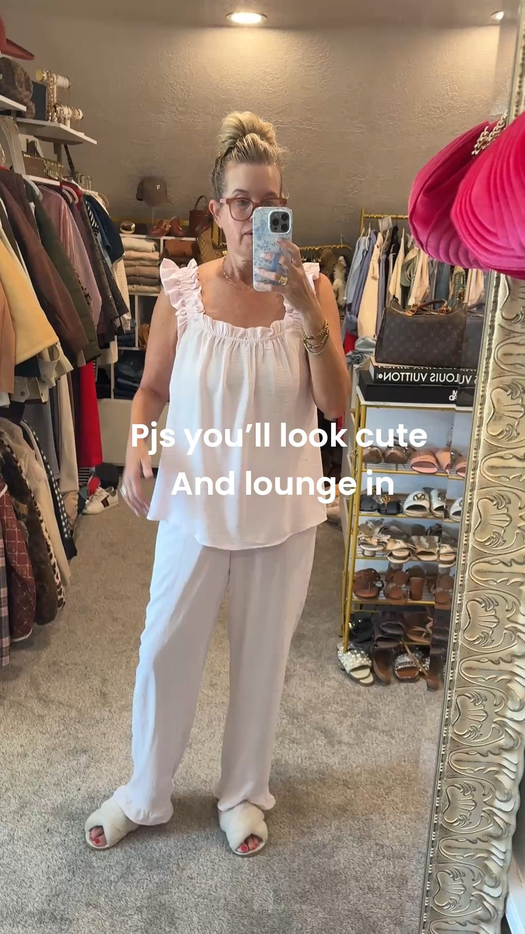 Affordable pj set, that is sweet and comfortable 
Ruffle pleated sleeves and a ruffle hem pant, add just the sweetest details

Comes in solids and printed  colors fits true to size, I did  size up, as I wasn’t sure if their sizing and it does fit true/ yet I do like the baggy. So you can order regular sizing or if you want baggy size up

Peppers reading glasses 

Affordable fuzzy slippers, comes in several colors

All of these pieces would make great gifts

#LTKdayinmylife #LTKOver40 #LTKgrwm