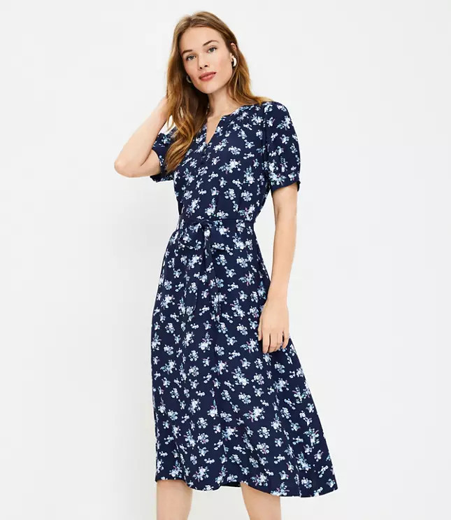 Floral Smocked Tie Waist Midi Dress | LOFT