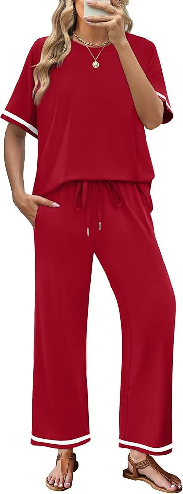 Sampeel 2 Piece Sets for Women Casual Summer Travel Vacation Outfits Short Sleeve Lounge Set | Amazon (US)