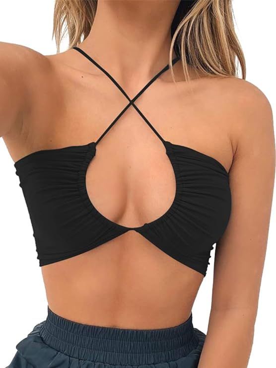TOB Women's Sexy Criss Cross Lace Up Sling Basic Bow Tie Crop Top | Amazon (US)