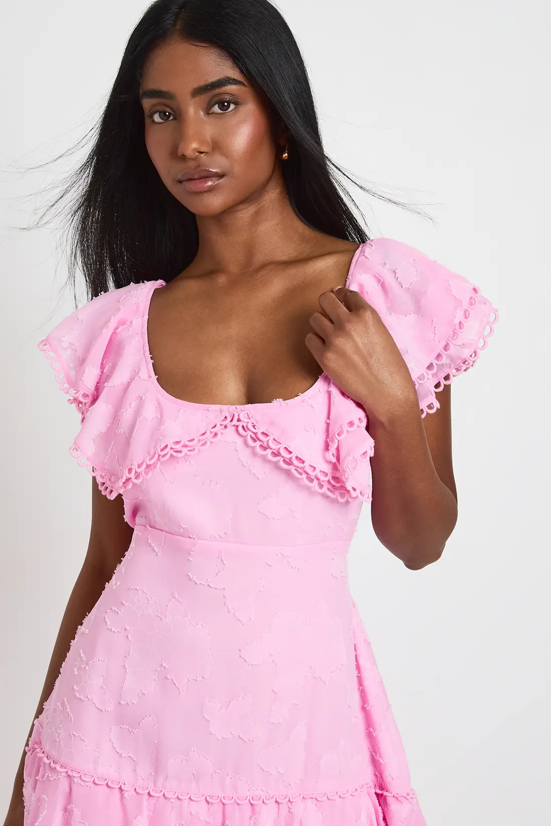 Pastel Pink Occasion Burnout Open Back Ruffle Detail Maxi Dress | Boohoo | Boohoo.com (UK & IE)