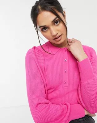 ASOS DESIGN sweater with collar and button placket detail in pink | ASOS (Global)