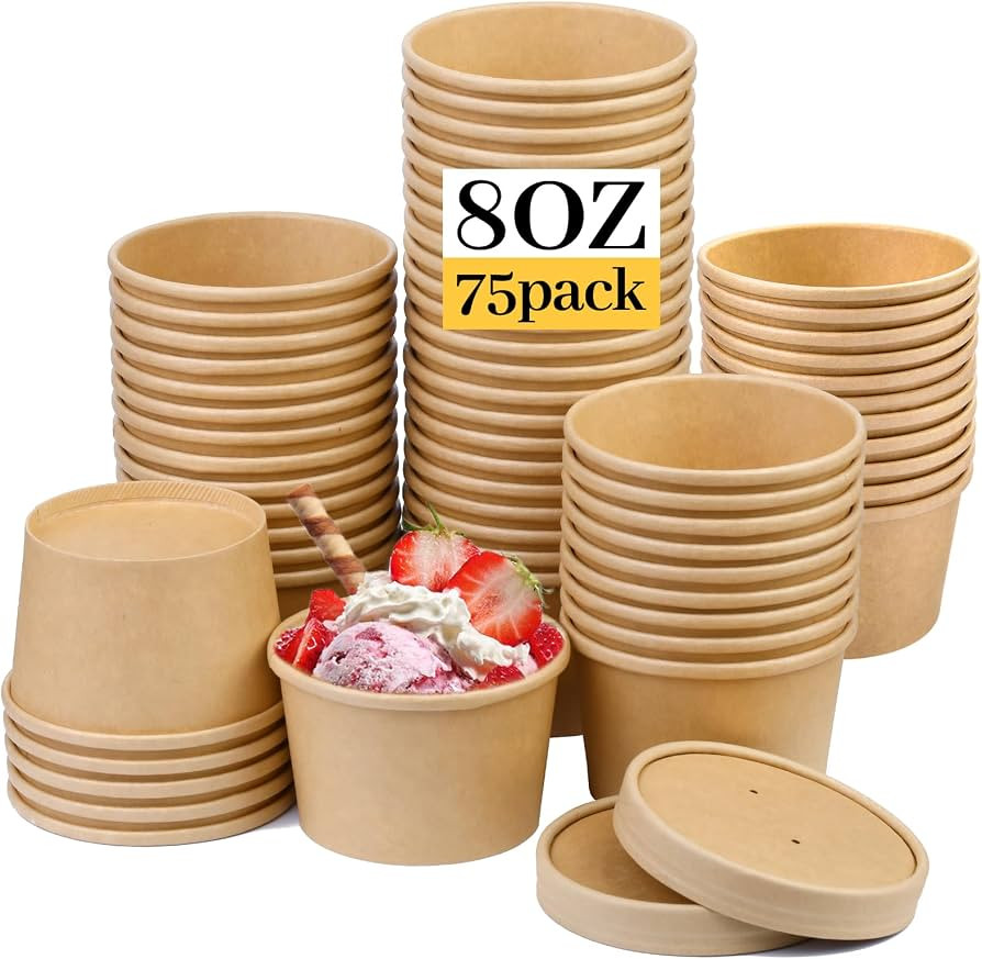8 oz 75 Pack Ice Cream Cups, Paper Soup Containers with Lids, Disposable Paper Food Containers wi... | Amazon (US)