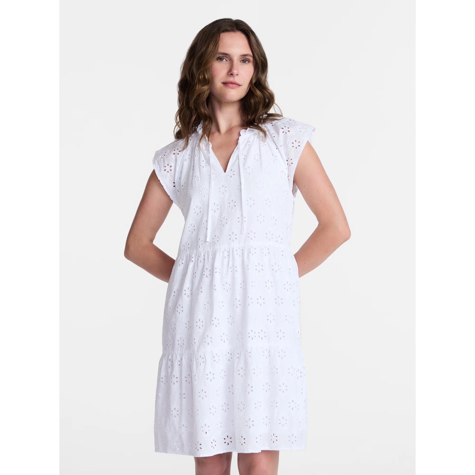 Time and Tru Women's Eyelet Embroidery Cotton Mini Dress with Flutter Sleeves, Sizes XS-XXXL | Walmart (US)