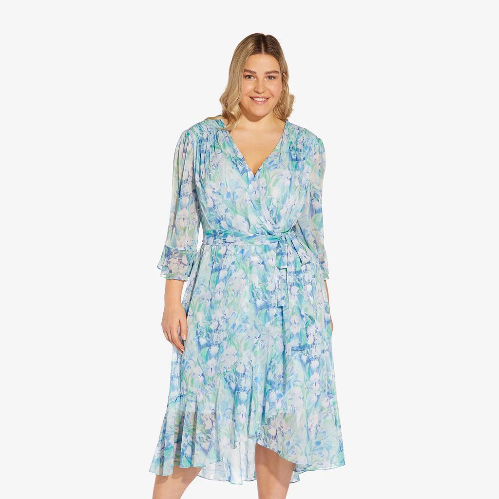 Plus Size Floral-Printed Chiffon Short Dress In Blue Multi | Adrianna Papell
