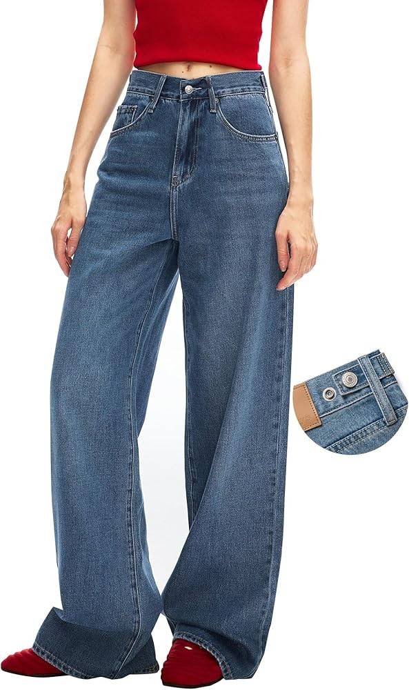 Women's Adjustable Wasit Baggy Jeans with Snap-Button Waistband Wide Straight Leg High Rise Jeans... | Amazon (US)